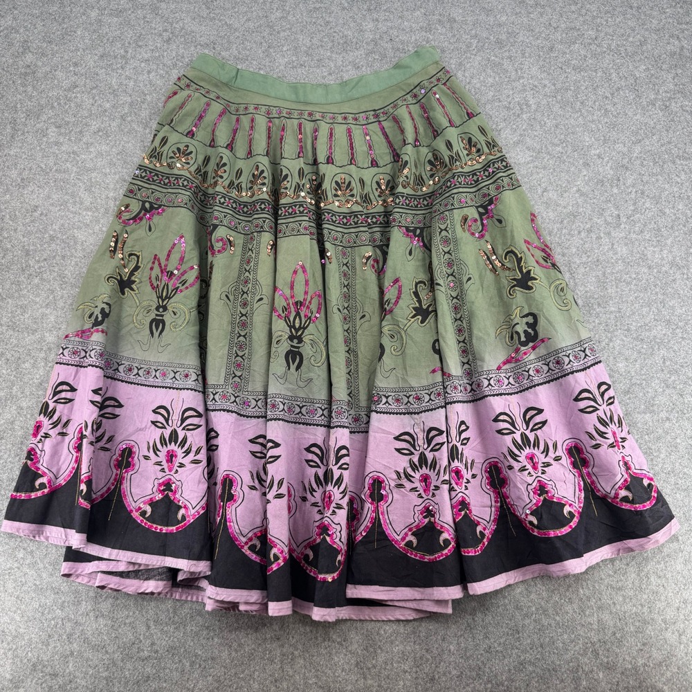 Casual Studio Skirt Womens L Green Lavender Sequin Embroidered Cotton EUC